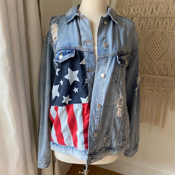 Topshop Moto USA Flag Motif Oversized Denim Jacket